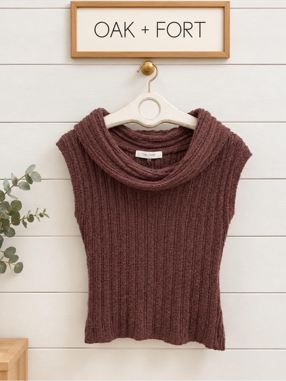 Oak + Fort Ribbed Cowl Neck Knit Top – Brown – Size L